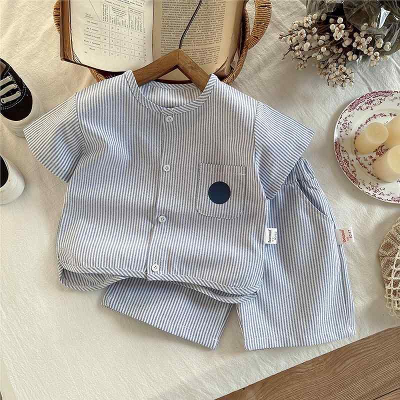 キッズ 男の子用 半袖シャツ & パンツ 2点セット 韓国風 ストライプ柄 薄手 綿100% ブルー 春夏 普段着(4)