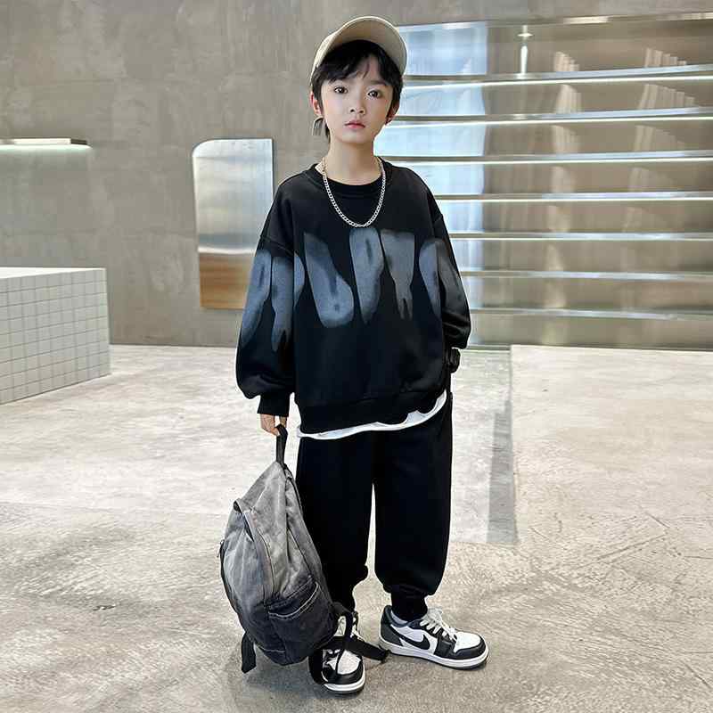 キッズ ボーイズ スウェット 上下セット 春秋 中 крупный 子供 男の子 カジュアル ファッション 2点セット 120 130 140 150 160 170 ブラック グレー(4)