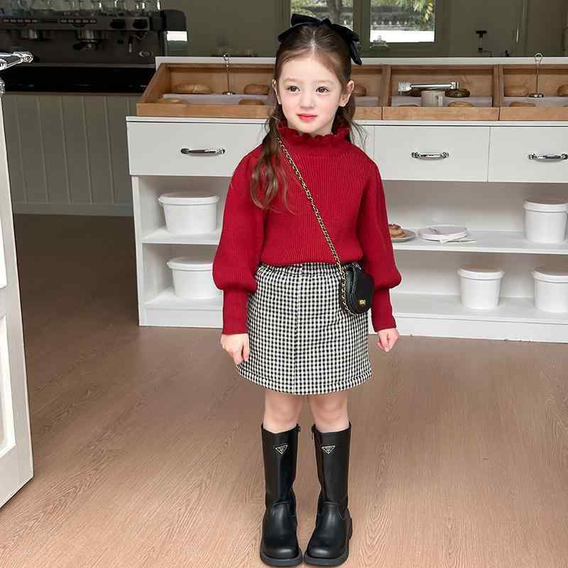 ニット・セーター キッズ 女の子 子供服 長袖 丸首 花柄 泡パフスリーブ 厚手 あったか 保温 トップス 普段着 かわいい レッド系