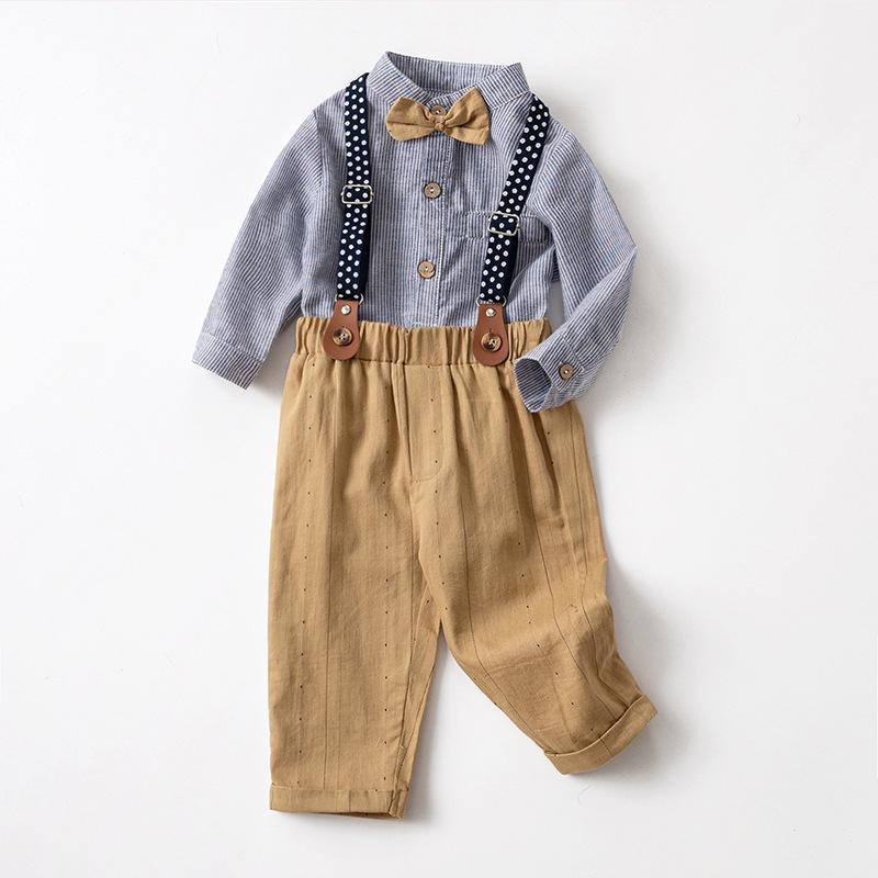 子供用スーツ 男の子 長袖 パンツ 上下セット 春秋 1歳 誕生日 紳士風 フォーマル コットン ストライプ柄 サスペンダー付き ベージュ系