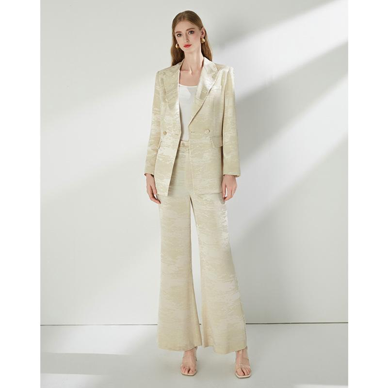 スーツ レディース 春秋 高級感 醋酸素材 テーラードジャケット ワイドレッグパンツ セットアップ 杏色 エレガント フォーマル 通勤 オフィススタイル 長袖 ポリエステル