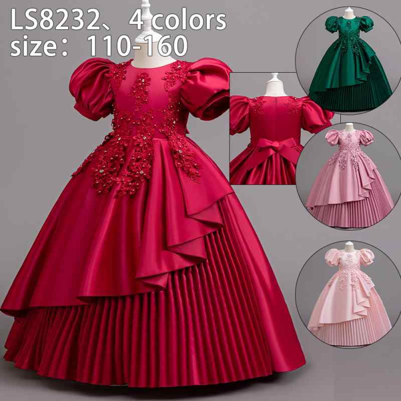 ドレス キッズ 女の子 フォーマル ランタンスリーブ 刺繍 宴会 結婚式 パーティー 発表会 春夏 子供 チ..