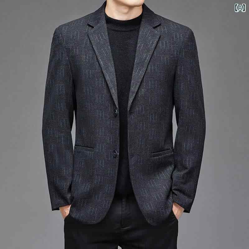 スーツ 男性用 ウール テーラードジャケット 秋冬物 カジュアル 高品質 ミドルエイジ 黒 グレー系