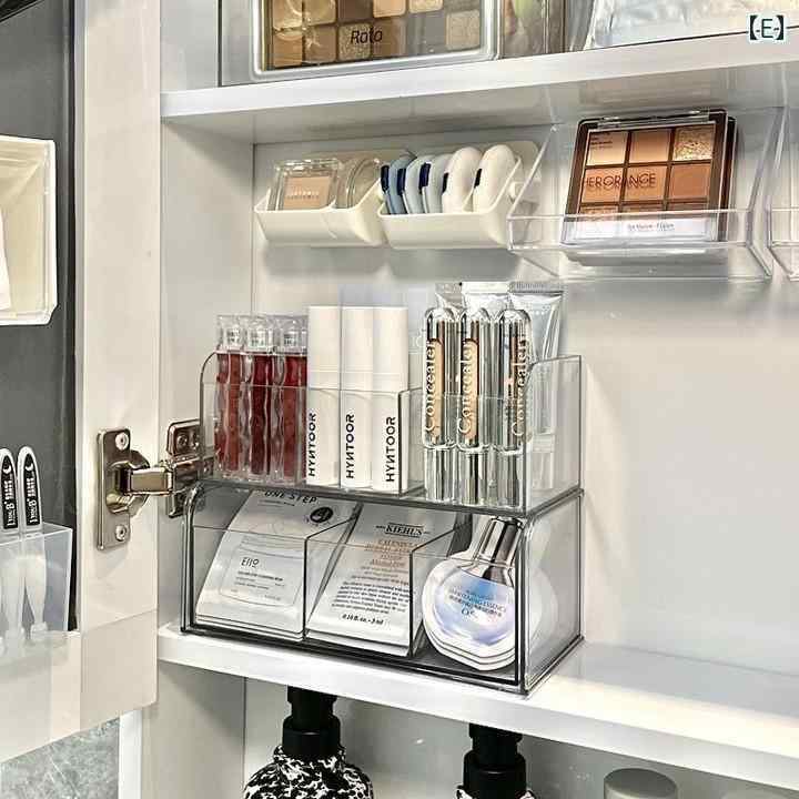 コスメ収納ボックス レディース 浴室 洗面所 鏡裏収納 防塵 アクリル製 メイクボックス コスメケース パーテーション付き