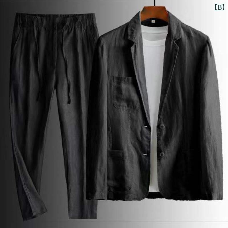 メンズ リネン スーツ セットアップ 薄手 春夏 スリムフィット カジュアル 平襟 2つボタン ホワイト ブラック ベージュ