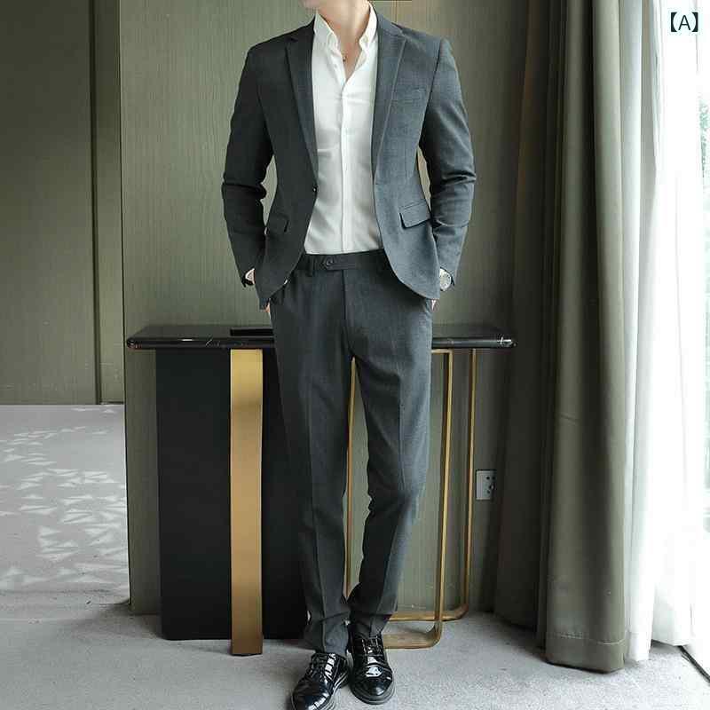 スーツ メンズ 男性用 ビジネス フォーマル 2点セット 紳士服 結婚式 グレー 春夏 秋冬 毛織