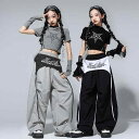 ダンス衣装 女の子 ジャズダンス ヒップホップ 舞台衣装 キッズ 子供服 上下セット 灰色 黒色 接触冷感 吸湿速乾