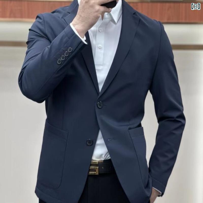 スーツ メンズ 男性用 テーラードジャケット ビジネス カジュアル 春秋 薄手 無地 ブレザー ブラック ブルー コットン ポリエステル混紡