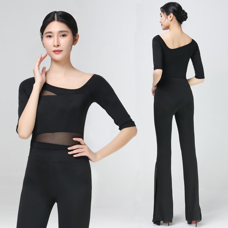 ダンスウェア レディース 春夏 礼服 トレーニングウェア セットアップ 網紗 練習着 バレエ 社交ダンス ヨガ 運動着 ブラック ワインレッド ブルー