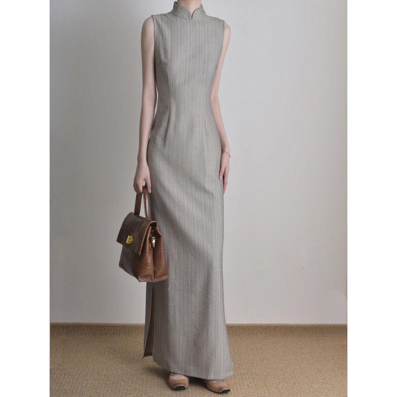 チャイナドレス レディース ワンピース グレー Aライン ノースリーブ レトロ 文芸復古 若い女性向け マカロンカラー 通勤着 リラックス