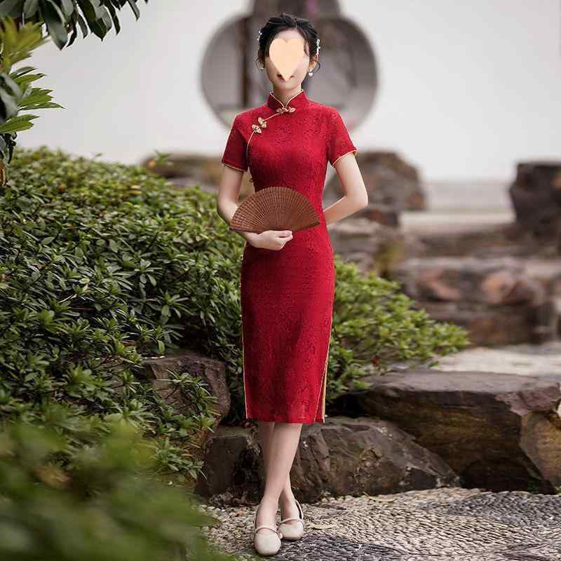 チャイナドレス レディース レース 酒紅色 ミモレ丈 ウェディング 婚礼 お呼ばれ 母親 叔母 パーティードレス フォーマル エレガント