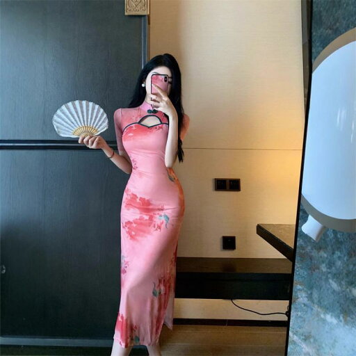 チャイナドレス レディース 春夏 花柄 ポリエステル シースルー ロングワンピース パーティードレス セクシー かわいい ピンク系 チャイナドレス レディース 春夏 花柄 ポリエステル シースルー ロングワンピース パーティードレス セクシー かわいい ピンク系