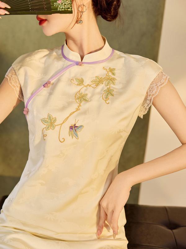 ワンピース レディース チャイナドレス Aライン ロング丈 半袖 立ち襟 ポリエステル 刺繍 レース 花柄 ..