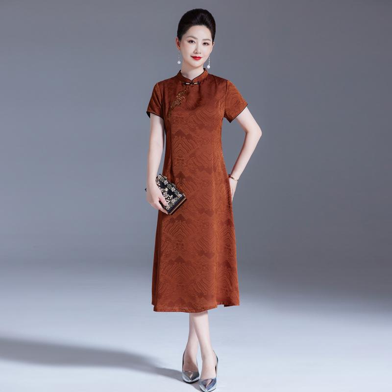 チャイナドレス レディース ミドル丈ワンピース ママ向け ミセス 高齢者向け 夏服 半袖 刺繡 接触冷感 ..
