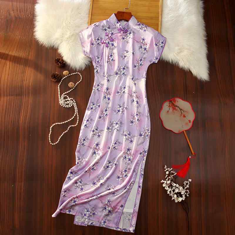 チャイナドレス レディース 春夏 真絲 桑蚕丝 ロング丈 スリム 中国風 改良旗袍 立襟 斜め襟 三分袖 スリット入り 古典柄 紫 パープル S M L XL XXL XXXL