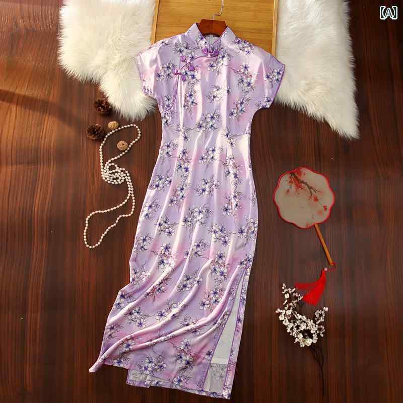 チャイナドレス レディース 春夏 真絲 桑蚕丝 ロング丈 スリム 中国風 改良旗袍 立襟 斜め襟 三分袖 スリット入り 古典柄 紫 パープル S M L XL XXL XXXL