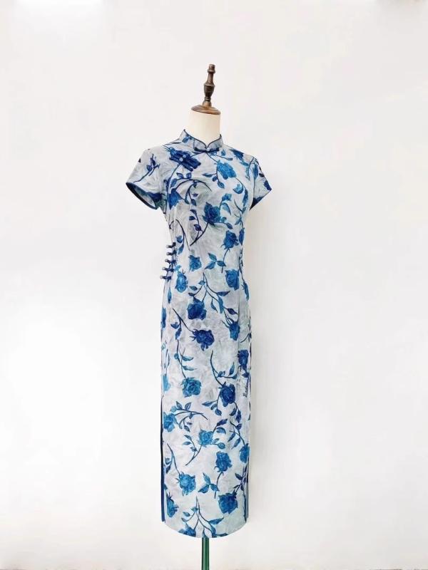 ワンピース レディース チャイナドレス ブルー カローラローズ 新中国スタイル 高級感 細見え 立襟 ポ..