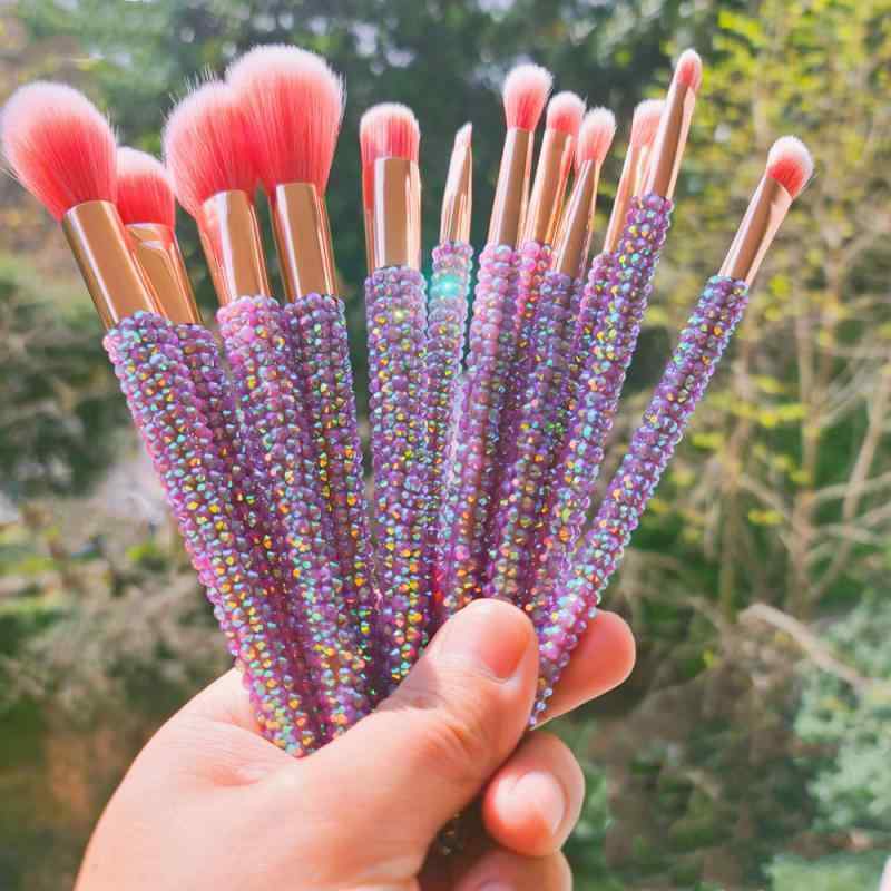 メイクブラシ レディース 12本セット 人工毛 携帯用 水鑽 石 メイクブラシセット ホワイト ピンク系