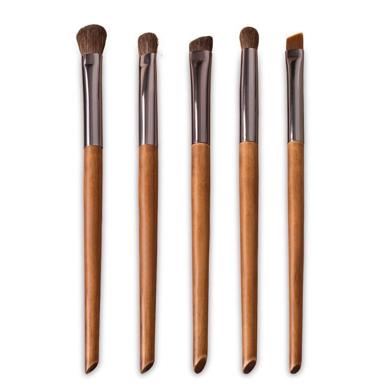 アイシャドウブラシ レディース 馬毛 5本セット 携帯用 木製ハンドル ブラウン ピンク系 パッケージ