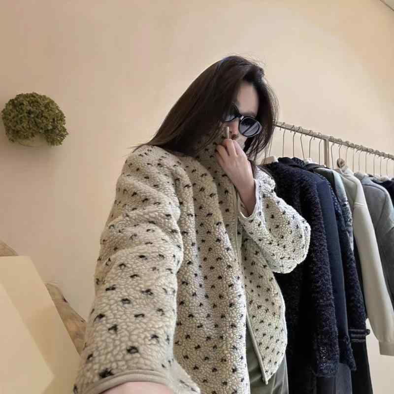 ジャケット レディース 羊羔毛 アウター 秋冬 厚手 あったか 立襟 波点 ポリエステル ゆったり ミルクホワイト コーヒー色