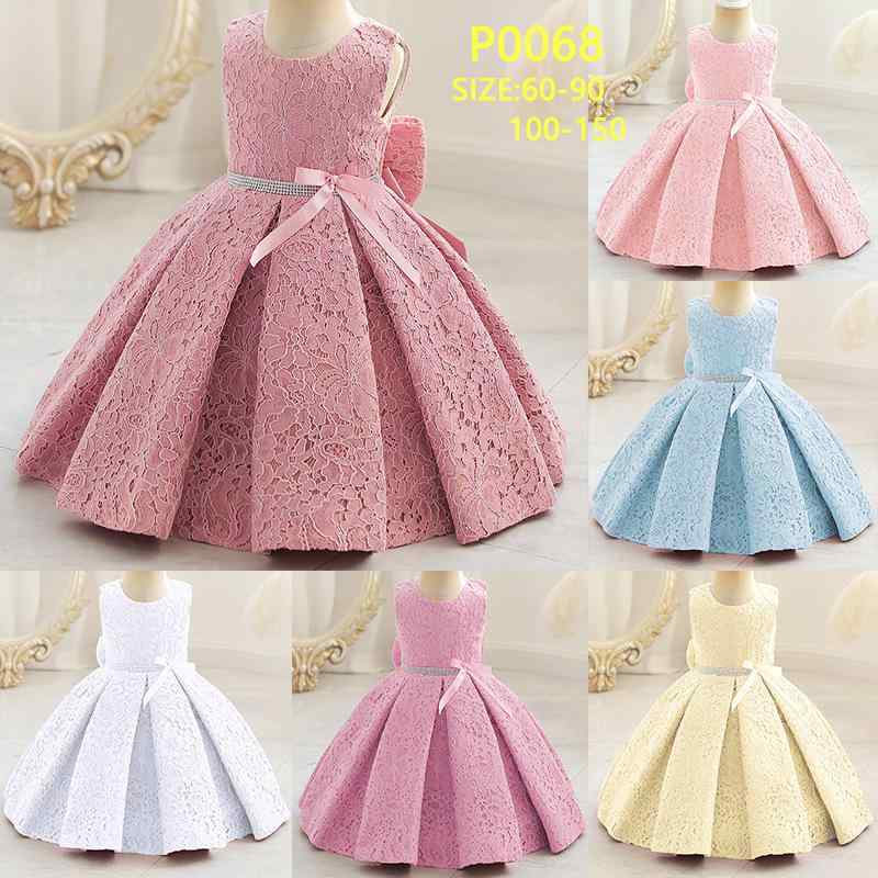 子供用ドレス レース 花柄 プリンセス スカート 蝶結び ショー 発表会 春夏 秋冬 60cm 70cm 80cm 90cm ポリエステル 綿 混紡 豆沙色 天藍色 シャンパン ホワイト 蝦粉 ピンク