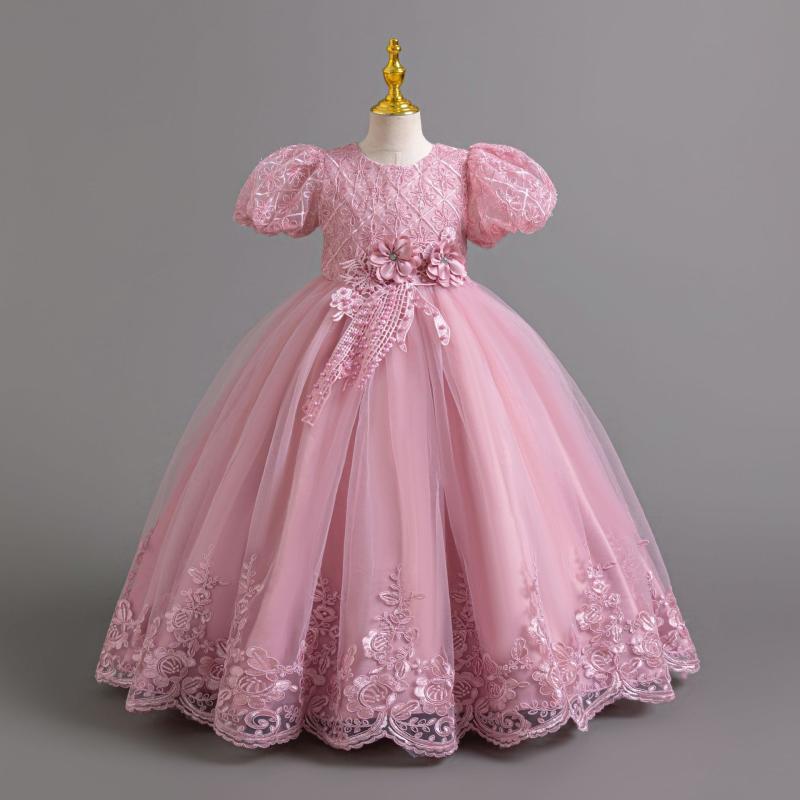 子供用ドレス 長袖 キッズ 女の子 レース プリンセス パーティー ワンピース パフスリーブ 発表会 結婚式 フォーマル 100 110 120 130 140 150 160 春秋冬 ポリエステル 綿 ピンク 水色 シャンパン