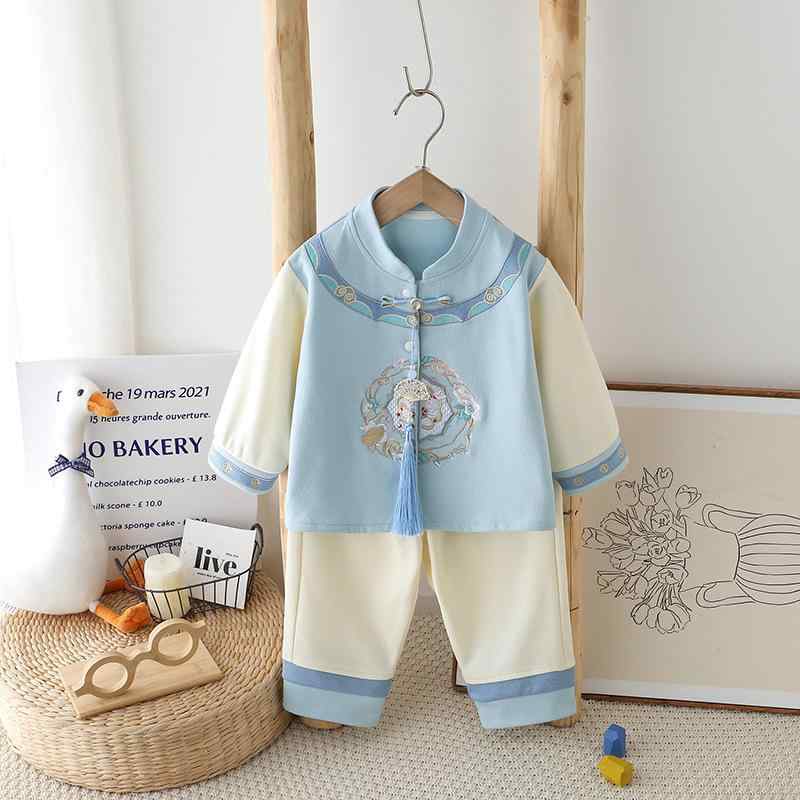 子供服 ベビー服 春秋 2点セット 男の子 唐装 漢服風 上下セット 花柄 コットン 中国風 天藍色