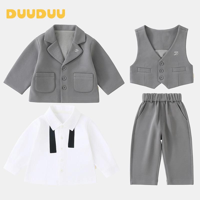 子供用スーツ ベビー フォーマル 男の子 1歳 2歳 3歳 長袖 ジャケット パンツ ベスト 上下セット コットン 春秋 80cm 90cm 100cm 110cm 120cm グレー ホワイト