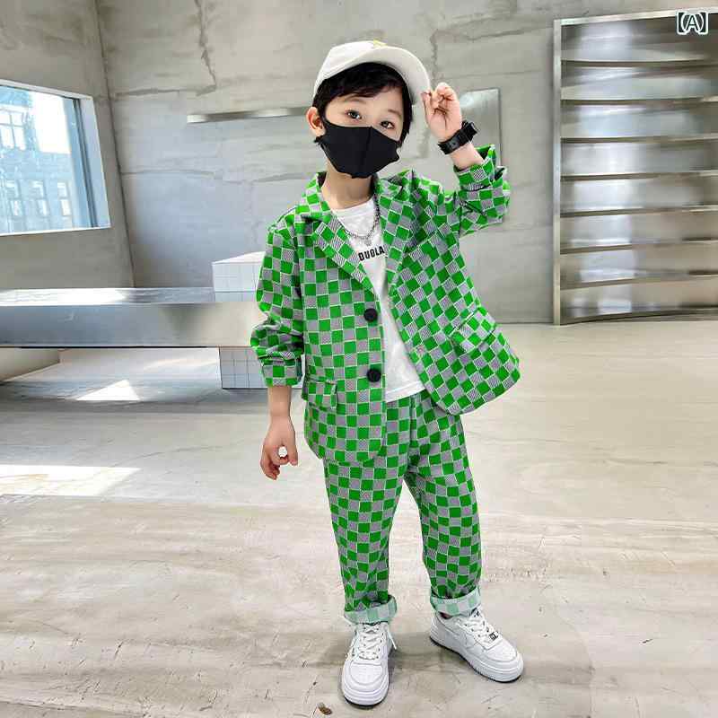 子供用スーツ 男の子用 チェック柄 セットアップ 2点セット 秋物 子供服 フォーマル カジュアル 綿混紡 長袖 長ズボン 90cm 100cm 110cm 120cm 130cm 140cm 150cm グリーン ブラック