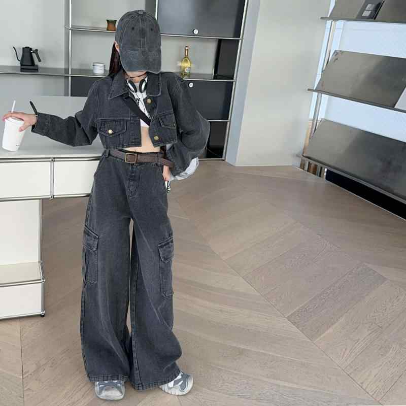 キッズ 女の子 デニムセットアップ 長袖デニムジャケット ロングパンツ 2点セット カジュアルスタイル 春秋 中大童サイズ 綿70% 通学 普段使い