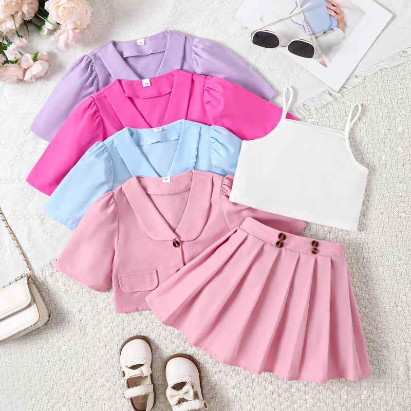 子供用セットアップ 女の子 春夏 キャミソール トップス プリーツ ミニスカート 半袖 襟付き ジャケット 3点セット パープル ピンク系 ブルー