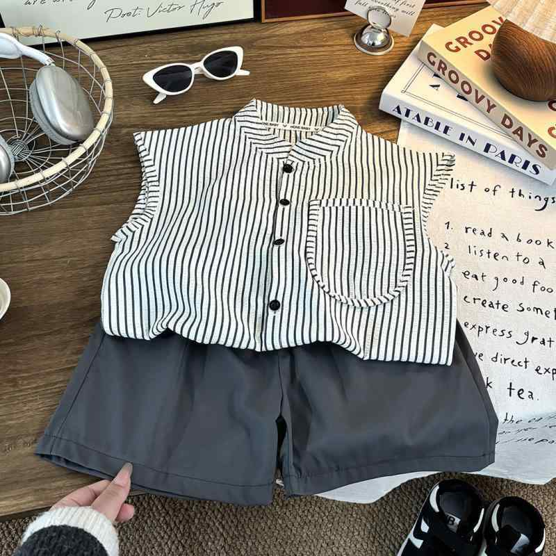 シャツ キッズ ストライプ 半袖シャツ ショートパンツ 2点セット 薄手 韓国風 子供服 男の子 女の子 幼児 通園 通学 普段着