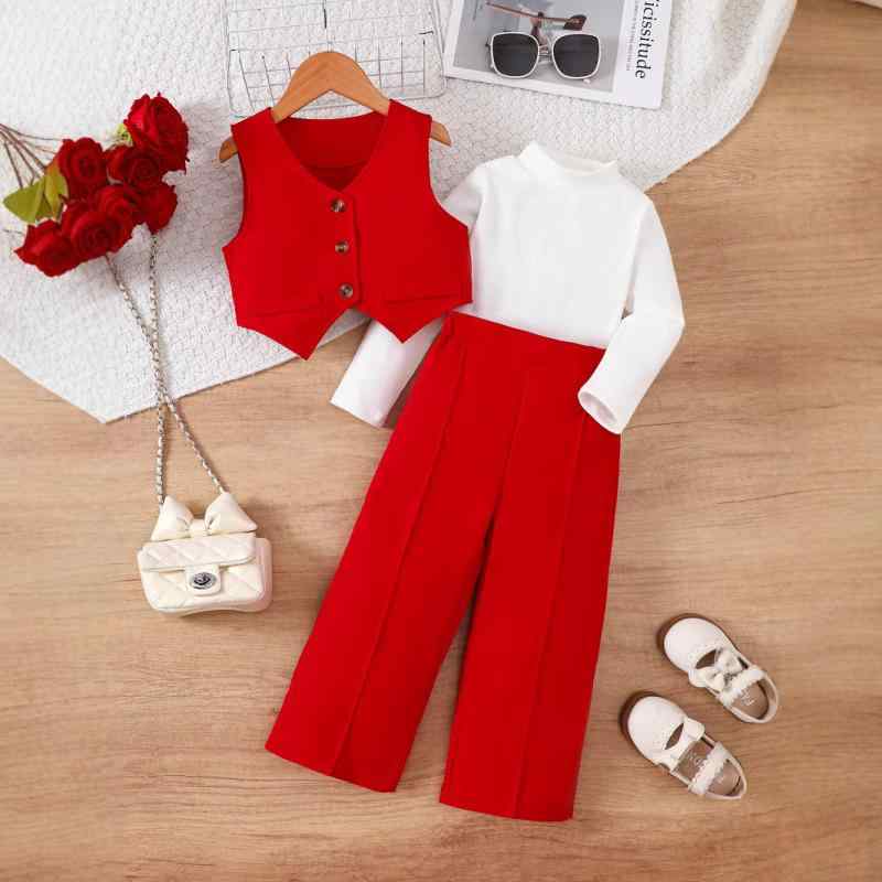 子供用スーツ 女の子 Vネックジャケット + 無地トップス + ロングパンツ 3点セット 100~140cmサイズ展開 かわいい ガールズ フォーマル カジュアルスタイル 春夏