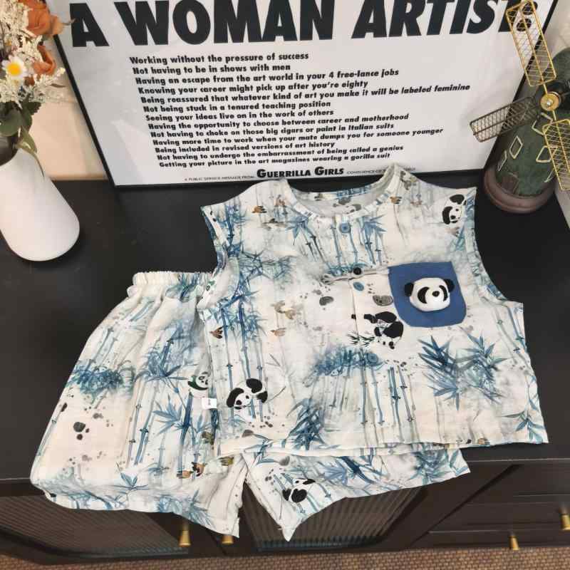 シャツ キッズ 男の子 ノースリーブ 竹節綿 カジュアル トップス パンツ 上下 2点 セットアップ 中国風..