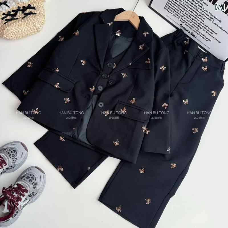 子供用スーツ 女の子 春秋 ジャケット ベスト ワイドパンツ 3点セット 8歳以上 140cm以上 ブラック グ..