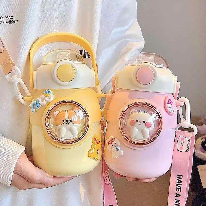 保温杯 レディース キッズ かわいい アニマルモチーフ 大容量 ステンレス 水筒 ストロー付き 700ml ピンク イエロー パープル ホワイト ベージュ アウトドア 普段使い