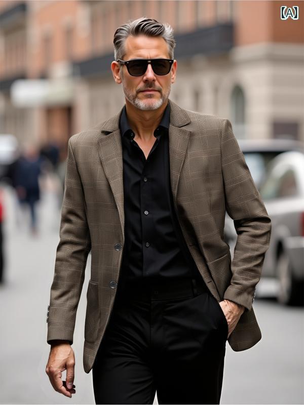 ジャケット メンズ 男性用 テーラードジャケット 春秋 商务 カジュアル ポリエステル100% スリムフィット ストライプ柄 襟付き シングルブレスト ポケット付き ダークブラウン ライトグレー ダークグレー