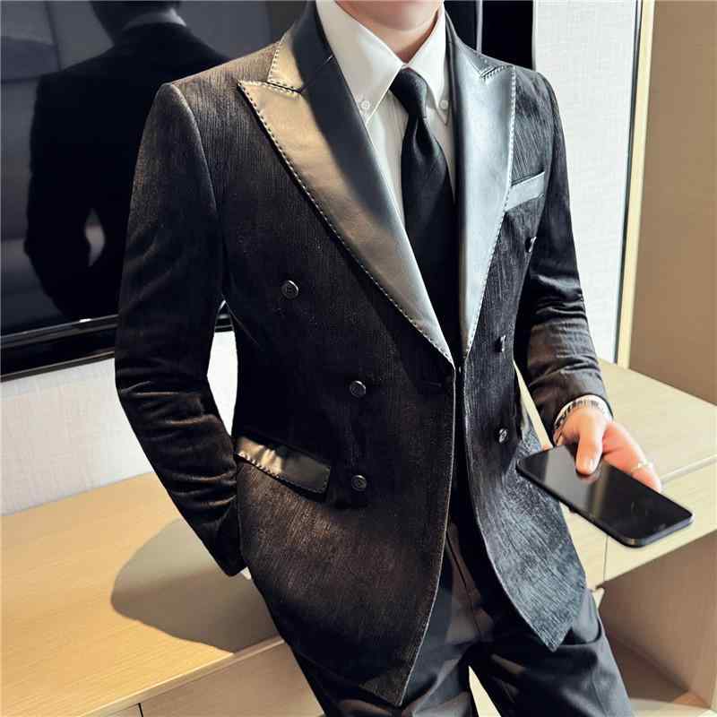 スーツ メンズ 男性用 コーデュロイ テーラードジャケット ブレザー 秋冬 スリムフィット ダブルブレスト 配色 切り替え 無地 長袖 フォーマル パーティー 宴会 ブラック コーヒー