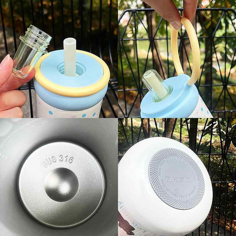 水筒 レディース かわいい猫柄 ステンレス マグボトル 500ml 保温 保冷 ストロー付き 携帯便利 アウトドア 車載 オフィス用 ホワイト ブラック ブルー パープル