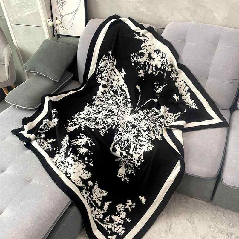 毛布 レディース ひざ掛け 肩掛け ブランケット ニット 幾何学模様 黒 ポリエステル 北欧 オフィス ソ..