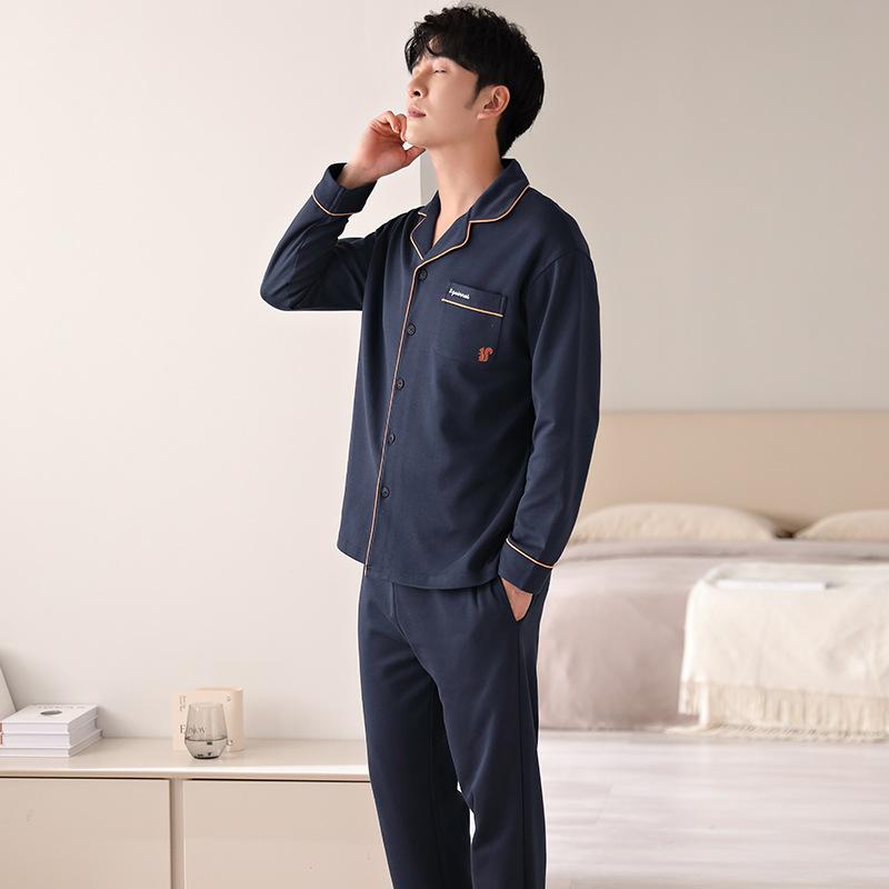 パジャマ メンズ 上下セット 春秋 綿 長袖 開襟 青年 ルームウェア 秋冬 厚手 部屋着 寝間着 ズボン ト..