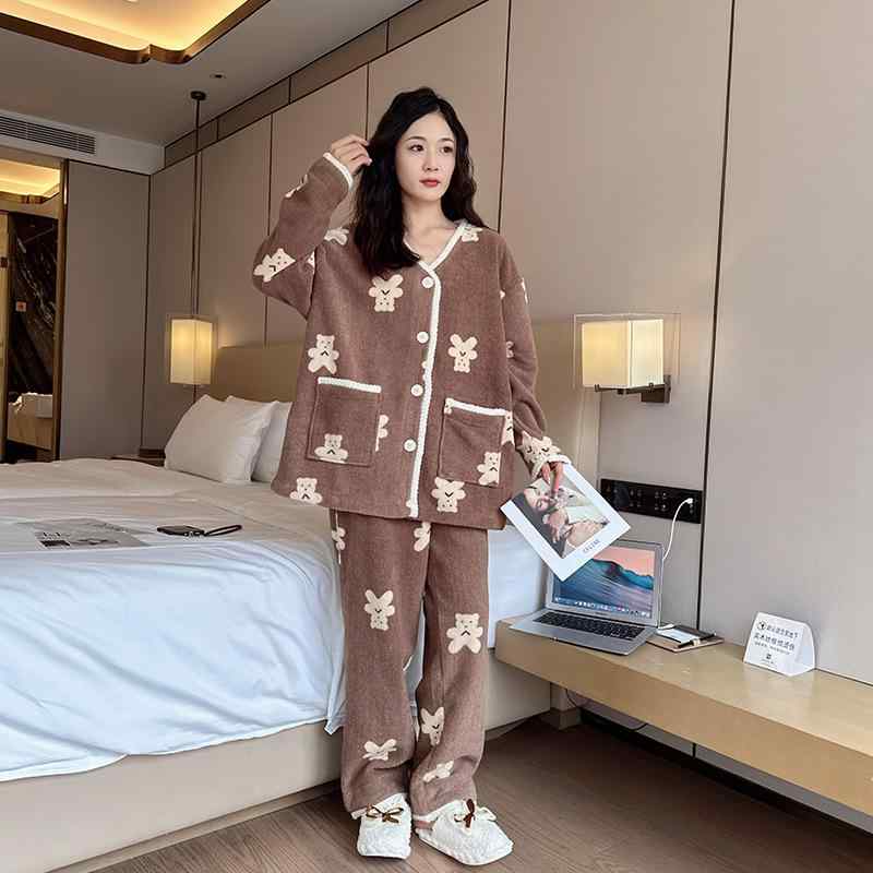 ルームウェア レディース 大きいサイズ 厚手 フリース 上下セット あったか 暖か Vネック 長袖 部屋着 寝巻き パジャマ 伸縮性 通気性 秋冬 婦人 ミセス ゆったり カフェ色 緑