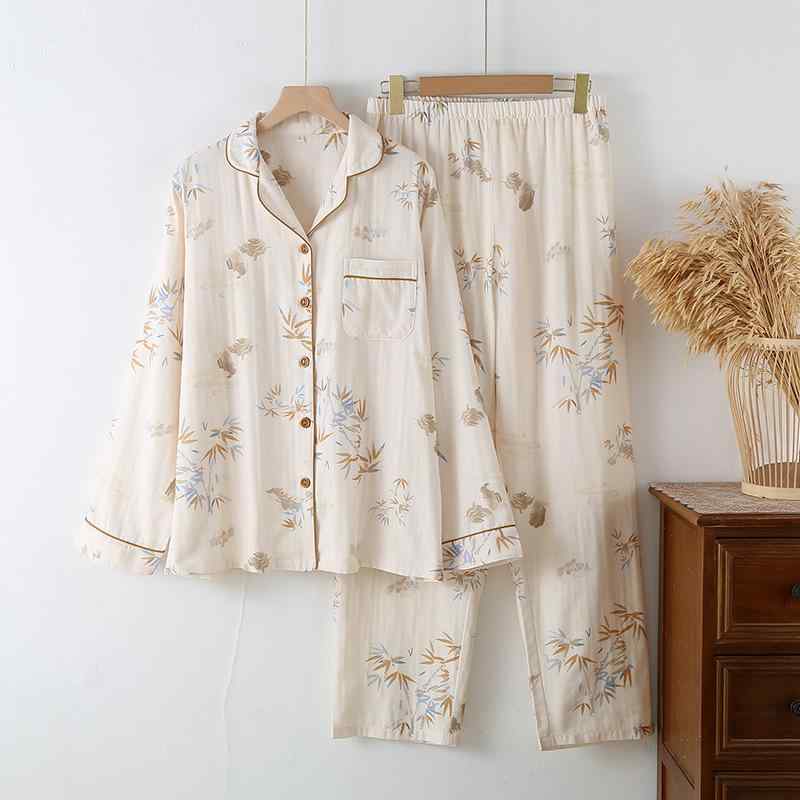 パジャマ レディース 春夏 秋冬 綿100% ダブルガーゼ ルームウェア 上下セット 長袖 長ズボン 襟付き 薄手 部屋着 寝巻き 竹柄 抗菌 リラックス M L XL XXL
