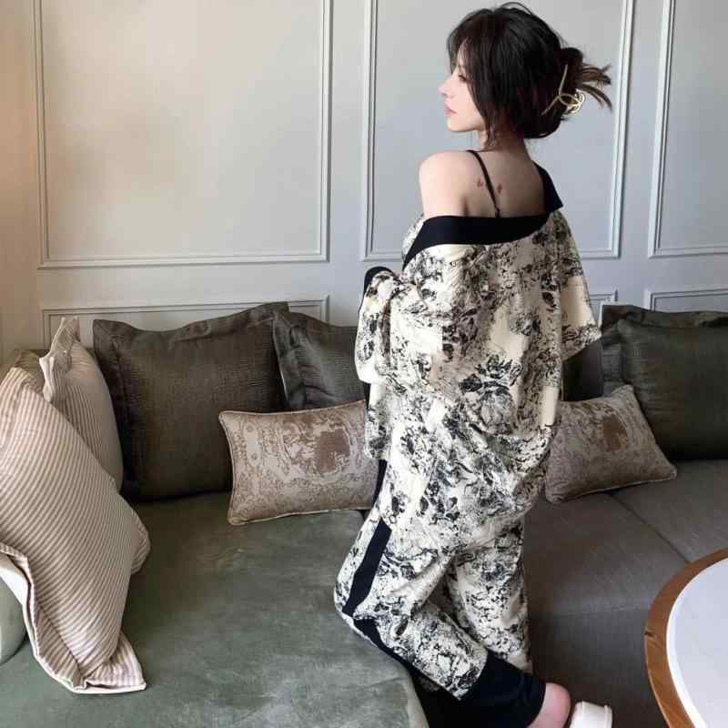 パジャマ レディース 秋冬 春秋 水墨画柄 プリント ルームウェア 部屋着 寝巻き 上下セット 3点セット ..