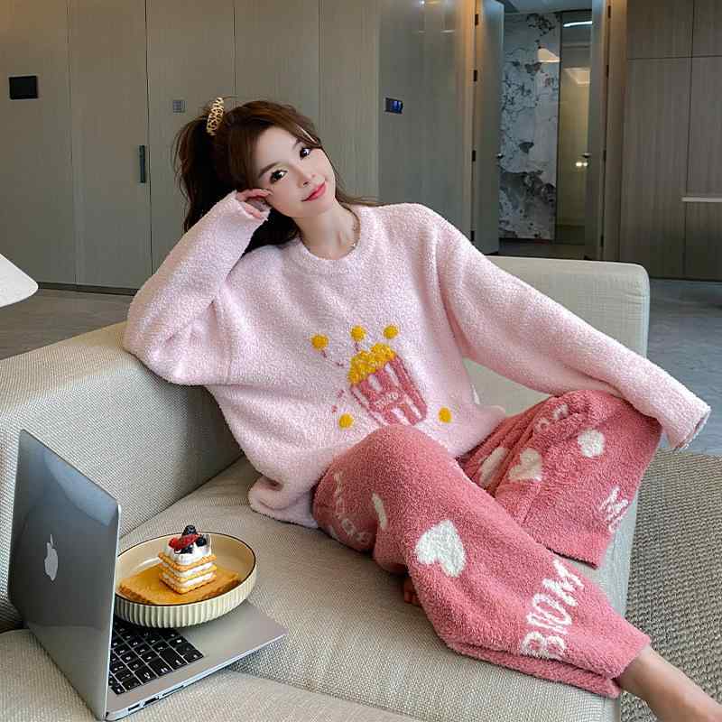 パジャマ レディース 秋冬 暖か フリース かわいい 長袖 ルームウェア 上下セット 厚手 部屋着 寝巻き ピンク系