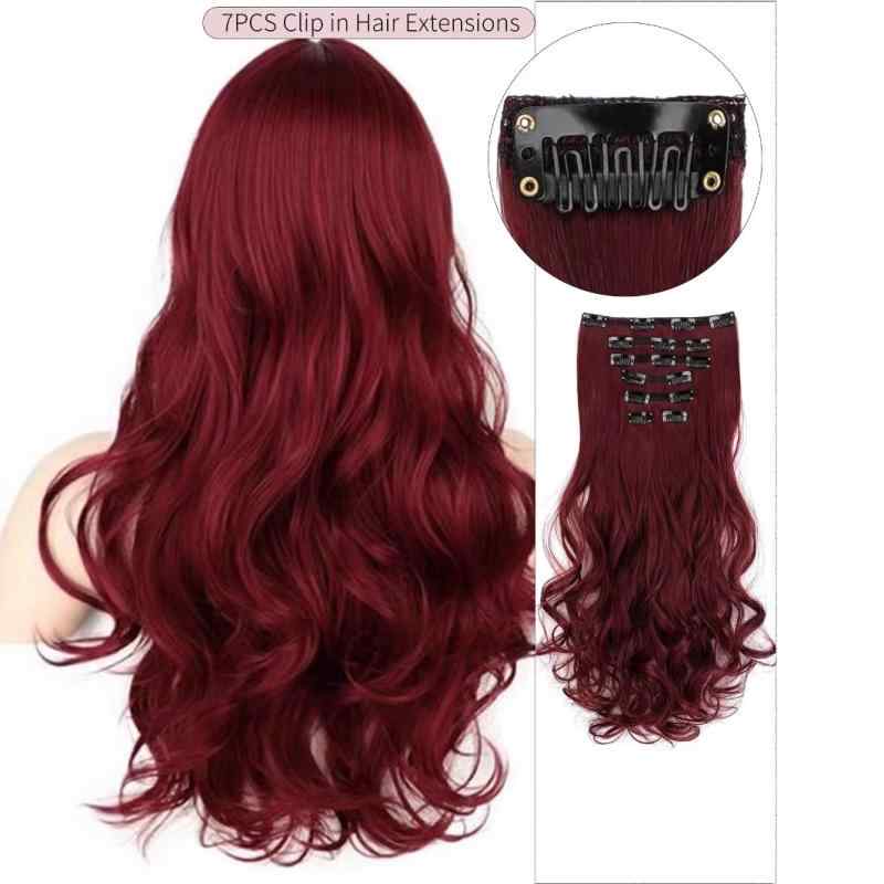 ウィッグ レディース ヘアエクステンション 16枚セット ロング カール 高温耐熱ファイバー ブラック レッド系 全肌色