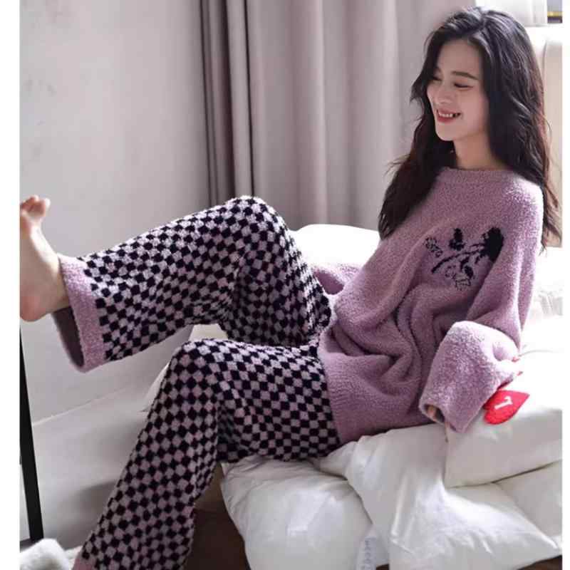 パジャマ レディース 秋冬 珊瑚フリース 上下セット 厚手 あったか ルームウェア 部屋着 寝巻き 長袖 長ズボン 冬用 ラウンドネック 暖か 格子柄 刺繍 ポリエステル
