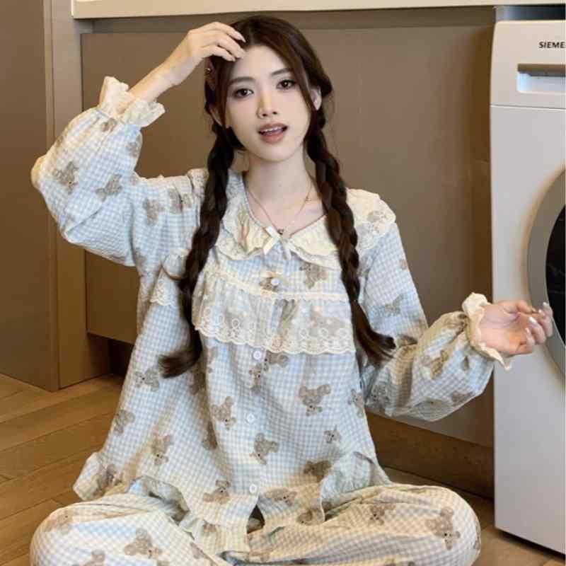 パジャマ レディース 春夏 綿 長袖 上下セット レース 花柄 襟付き かわいい ルームウェア 部屋着 リラックスウェア ブルー コットン 涼しい 通気性