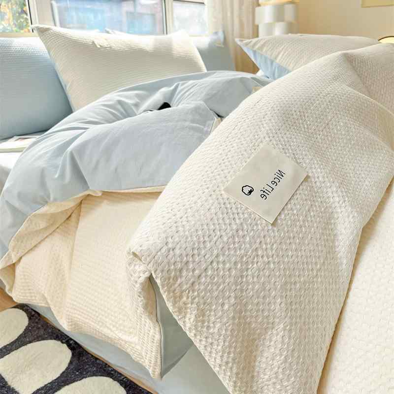 寝具 レディース メンズ ワッフル生地 布団カバー ベッドシーツ セット 綿100% 全綿 4点セット 3点セッ..