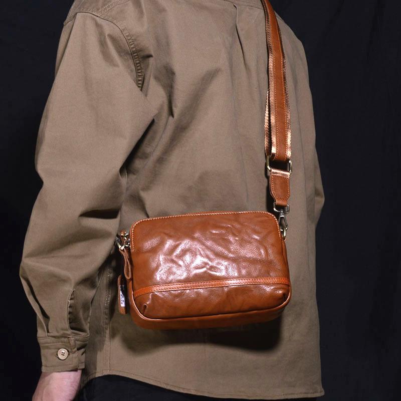 ショルダーバッグ 男性用 本革 ミニ 斜め掛け 鞄 褶皱 防水 耐摩耗 日落黄 ブラック コーヒー色 通勤 ..